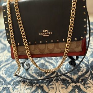 Coach Black and Tan Crossbody Bag with Gold Chain